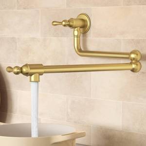 lot 3715 image: KES Upside Down Pot Filler Faucet with Heat-Resistant Cartridge, 26 No Lead Vintage Pot Filler Faucet with Double Joint Swing Arm, Wall Mount, 188 Stainless Steel, Brushed Gold, KN928S24LF-BZ