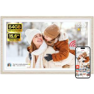 lot 3721 image: 64GB Frameo 15.6 Digital Picture Frame Large 1920 x 1080 IPS FHD Touch Screen WiFi Electronic Photo Frames Share Moments Instantly Anywhere Best Gifts for Parents and Grandparents White Wood
