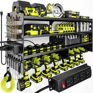 lot 3736 image: POKIPO Large Power Tool Organizer Wall Mount with Charging Station,4 Layer Heavy Duty Metal Tool Storage Rack Loads 600lbs with 8 Cordless Drill Holder,Battery Utility Rack Loads with 4 Power Strip