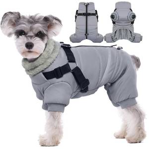 lot 4269 image: BRKURLEG Grey Dog Winter Coat, Cozy Winter Dog Jackets, Small Dogs Coat with Harness, Onesie Body Warm Puppy Jacket, Pet Reflective Windproof Cold Weather Jackets, Puppy Four-Legged Puffer Coats, S