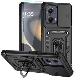 lot 4284 image: for Motorola Edge 2024 Case, Silicone Rubber Bumper Hard Plastic Phone Case with Sliding Camera Lens Cover 360° Rotatable Kickstand Ring HD Screen Protector for Motorola Moto Edge 2024 Black