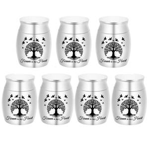 lot 4292 image: Tree of Life Mini Set of 7 Stainless Steel Memorial Ashes Holders - Small Keepsake Urns for Human Ashes - Perfect for Funeral - Forever in my heart (Silver-7pcs)