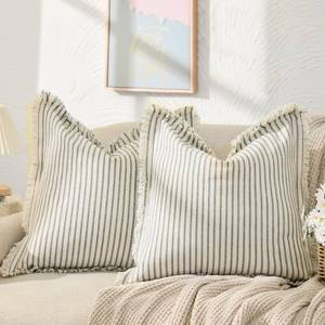 lot 4310 image: ZWJD Throw Pillow Covers 18x18 Set of 2 Striped Pillow Covers with Fringe Chic Cotton Decorative Pillows Square Cushion Covers for Sofa Couch Bed Living Room Farmhouse Decor