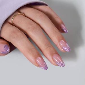 lot 4314 image: BTArtbox French Tip Press On Nails - Lamp-Curable Chrome Short Almond Press On Nails with Glue for Women, Semi-Transparent Soft Gel Glue On Nails in 16 Sizes - 32 Stick On Nails Kit, Mermaid Tail