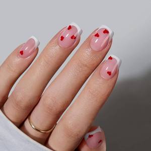 lot 4320 image: BTArtbox French Tip Press On Nails - Endless Love, Lamp-Curable Short Square Valentines Press On Nails with Glue and Adhesive Tabs for Women in 15 Sizes - 30 Soft Gel Glue On Nails Kit