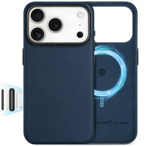 lot 4323 image: SHIELDON Genuine Leather Case for iPhone 17 Pro 6.3 2025, Camera Button Updated, Compatible with Magsafe, Magnetic Wireless Charging, Slim Fit, Shockproof, Metal Button, Camera Bezel - Navy Blue