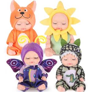lot 4339 image: Hanaive 4 Pcs 4 Inch Mini Baby Dolls Lifelike Realistic Baby Dolls Animal Clothes Cute Tiny Gifts for Kids Birthday Party(Novelty Style)