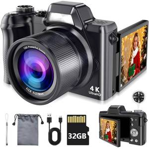 lot 4340 image: 4K Digital Camera for Photography & Vlogging, 56MP Point and Shoot Digital Cameras with 180° Flip Screen, 16X Zoom Compact Travel Camera, Portable C�mara for Adults & Beginners with 32GB SD Card