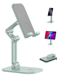lot 4361 image: OCYCLONE Phone Stand, Adjustable Height and Angle Foldable Cell Phone Stand Holder for Desk, Taller iPhone Stand Compatible with 4.7-13 Smartphones iPad Tablet, Light Green