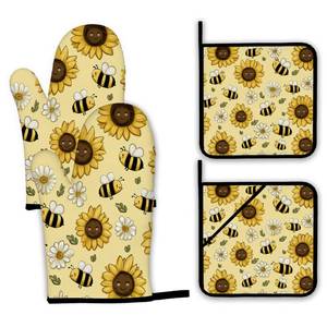 lot 4366 image: Sunflower Bee Oven Mitts and Pot Holders Set,Daisy Kitchen Oven Gloves and Pot Holder with Heat Resistant Non Slip for Cooking Baking Grilling(4 Piece Set)
