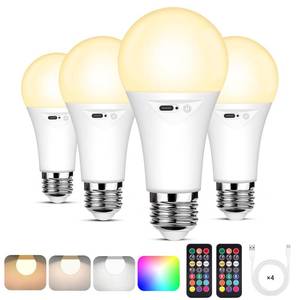 lot 4371 image: Yochoice 4-Pack Rechargeable Battery Powered Light Bulb, Dimmable A19 Light Bulb with 9 Colors Selectable & 3 Timer, Cordless Bulb for Lamps and Sconce with Remote Control