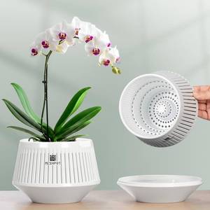 lot 4402 image: Meshpot 5 inch Orchid Pots with Holes for Repotting with Excellent Airflow and No Leaking, Set of 2, Decorative Orchid Planter with Air-Pruning, Plastic White Orchid Container with Saucers