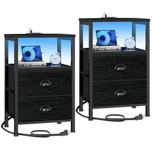 lot 5417 image: Furologee Nightstands Set of 2, End Tables with Charging Station and LED Lights, Black Night Stands with 2 Fabric Drawers, Bedside Tables Set of 2 for Living RoomBedroom,Black Oak