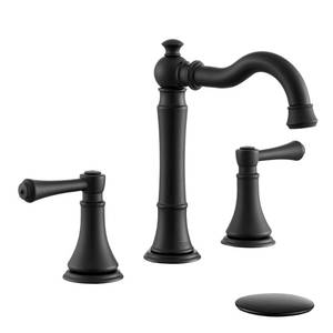 lot 5419 image: Roffenny 2-Handle Matte Black Bathroom Faucet 8 inch Widespread for 3 Holes with Plastic Pop-Up Drain, Classic Black BathroomLavatoryVanity Sink Faucets, High Arc 360° Swivel Brass Spout