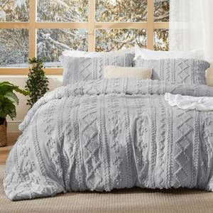 lot 5440 image: Bedsure Tufted Boho Comforter Set Queen Size - Light Grey Boho Bed Set, GentleSoft�� 3 Pieces Farmhouse Shabby Chic Embroidery Bedding, Gifts for Woman, Soft Jacquard Queen Comforter for All Seasons