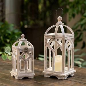 lot 5442 image: Staymoment Farmhouse Lanterns Decorative Indoor 11 & 15 Set of 2 White Wooden Candle Holder Lanterns for Table Centerpiece Fireplace Mantle Home Decor