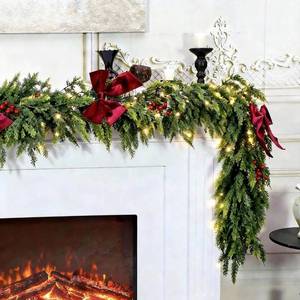 lot 5446 image: HipTree 6ft Christmas Garland with Lights,Lighted Cedar Garland for Mantle,Prelit Real Touch Artificial Green Christmas Winter Garland with Large Burgundy Velvet Bow for Indoor Outdoor Decor
