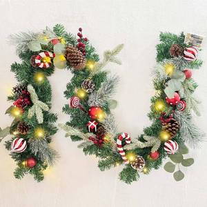 lot 5474 image: WANNA-CUL Pre-Lit 6 Feet 72 Inch Christmas Garland with Lights for Front Door Red White Christmas Mantel Garland Decoration with Ball Ornaments,Candy Canes,Eucalyptus Leaves, Battery Operated 30 LED
