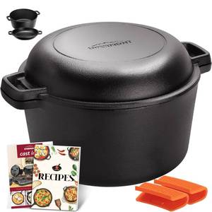 lot 5475 image: Overmont 2-in-1 Cast Iron Dutch Oven - 5QT Pre-Seasoned All-in-One Casserole Braising Pan with Skillet Lid Cookbook & Silicone Handle Covers - Heavy Duty Oven-Safe Pot for Bread Baking Frying Camping