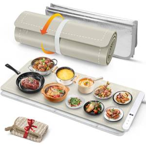 lot 5486 image: FYY Extra Large Warming Mat for Food with Heat Resistant Pad, Prevent Countertop Cracks, Keep Meal Warm, Rapid and Full Surface Heating, 6 Temp Settings, 6H Timer, Rollable Portable Food Warmer Khaki