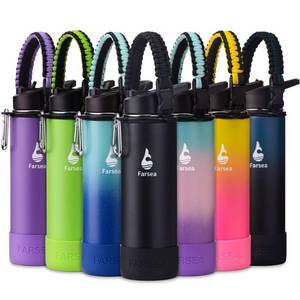 lot 5491 image: Farsea Insulated Water Bottle With Paracord Handle, Protective Boot and 2 Lids (Straw Lid & Spout Lid), Stainless Steel Water Bottle Wide Mouth, Double Wall Sweat-Proof BPA-Free, 24 oz