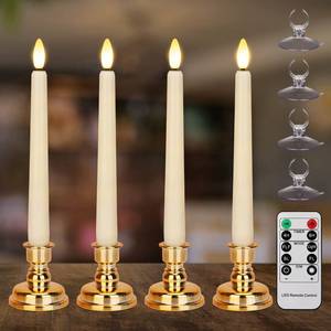 lot 5505 image: FPOO Flameless Taper Candles Flickering with Remote Timer, 4PCS Battery Operated Window Candles with Gold Candlesticks and Suction Cups, 8 Inch Warm White 3D Flame Candle for Home Xmas Decor(Ivory)