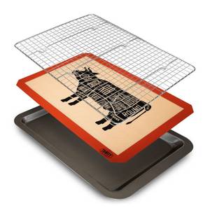 lot 5506 image: Trinity Provisions Meat Resting Pan - With Wire Rack and Silicone Baking Mat - Dishwasher and Oven Safe Stainless Steel, for Cooking and Cooling Steak, BBQ, Bacon, & More