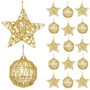 lot 5508 image: A2.36-inch Christmas Hollow Gold Ornaments, Gold Five-Pointed Star Glitter Christmas Tree Decor Hanging Ball Set (Mix - 16-Piece Set)