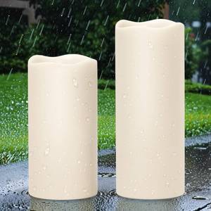 lot 5537 image: GenSwin Solar Outdoor Waterproof Flameless Candles, 4��x8��10�� Large Solar Rechargeable Pillar Candles, Sensor for Dusk to Dawn, for Outdoor, Lanterns, Pation, Home Decor(Set of 2)
