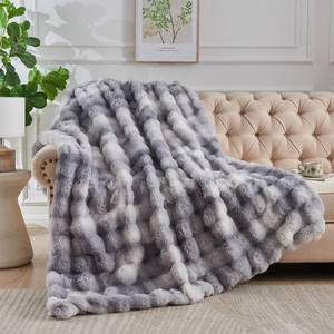 lot 5572 image: Lotus Karen Faux Fur Throw Blanket - Tie-Dye Gray, Big Bubble Rabbit Fluff, 50x60 Inches