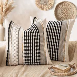 lot 6192 image: ANRODUO Pack of 2 Boho Decorative Throw Pillow Covers 18x18 Farmhouse Cushion Case Striped Chenille Pillow Cases Square Pillow Covers Accent Neutral Pillowcase for Sofa Couch Bed, Black-White Stripe