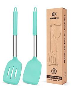 lot 6193 image: Pack of 2 Silicone Solid Turner, Non Stick Slotted Kitchen Spatulas, High Heat Resistant BPA Free Cooking Utensils, Ideal Cookware for Fish, Eggs, Pancakes(Green) spatula detached