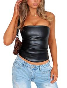 lot 6194 image: OZICERD Faux Leather Tube Top Strapless Going Out Tops for Women Sexy Club Tops Rave Concert Outfit Ruched Bandeau Crop Top Black M
