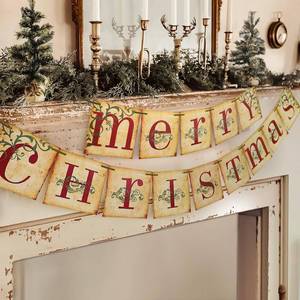 lot 6229 image: Christmas Decorations - Vintage Merry Christmas Banner - Retro Nostalgic Traditional Old Fashioned Victorian Xmas Holiday Clearance Decor for Indoor Home Office Fireplace Mantle Farmhouse