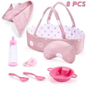 lot 6236 image: Enjoyin 8 Pcs Baby Doll Accessories Set Includes Feeding Bottle, Pacifier, Blanket, Pillow, Tablewares and Bassinet Carrier for 9 to 12 Dolls