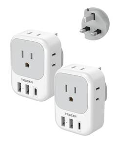 lot 6243 image: UK Adapters for Travel 2 Pack, TESSAN Type G US to UK Plug Adapter with 4 Outlets 3 USB Charger(1 USB C Port), Power Adaptor for USA to Ireland Scotland Dubai Hong Kong England British Kenya London