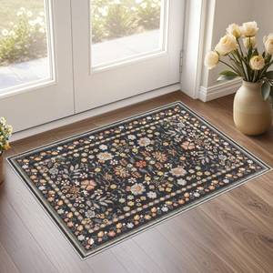 lot 6259 image: UERMEI Door Mat Entrance Rug 2x3 Washable Area Rug Boho Floral Small Rug - Non-Slip Low Pile Throw Indoor Carpet for Entryway Kitchen Front Door Bathroom Entry Kids Room - Black Grey
