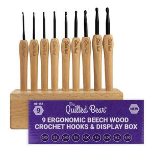 lot 6312 image: The Quilted Bear Wooden Crochet Hooks with Box �� 9 Piece Crochet Hook Set with Stylish Beech Wood Ergonomic Hooks with Durable Steel Hook Heads (Wooden Display Box Included)