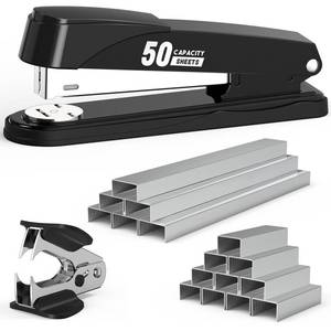 lot 6321 image: Metal Stapler Heavy Duty 50 Sheet Capacity with 1750 Staples and Staple Remover, Full Strip Staplers for Desk, No Jam, Non-Slip for Office & Classroom, Black