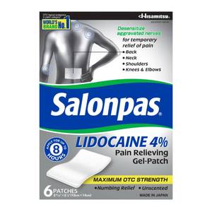 lot 6340 image: Salonpas Lidocaine 4% Pain Relieving Gel-Patch, 6 Count, for Back, Neck, Shoulder, Knee & Elbow Pain