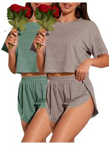 lot 6371 image: OYOANGLE Womens 2 Pack Pajama Set Striped Short Sleeve Tshirt and Split Shorts Cute Pjs Lounge Set Summer Sleepwear Green Brown Medium