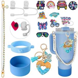 lot 6386 image: Stanley Cup Accessories Set for 30oz 40oz Tumbler, Water Bottle Holder Carrier Strap, Stanley Straw Cover Topper Cap, Water Bottle Boot Charms, Gift for Women Mom Girl Her (Blue, 30oz&40oz)