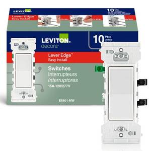 lot 6398 image: Leviton Lever Edge 15 Amp Single Pole Rocker Switch, 10-Pack, E5601-MW, White