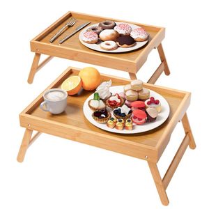 lot 7353 image: Fibogollo 2 Pack Bamboo Bed Tray Table with Folding Legs,Breakfast Trays,Serving Tray for Food and Snack,Laptop Trays for Working(Natural)