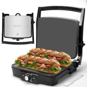 lot 7361 image: Bakers Friend Panini Press Electric Griddle, Panini Grill Press Sandwich Maker Press, Grilled Cheese Maker, Sandwichera Electrical, Browning Control, Non Stick Surfaces, 4-Slices, Stainless Steel