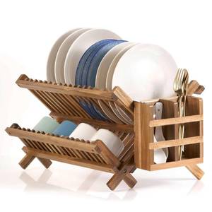 lot 7376 image: NOVAYEAH Acacia Wooden Dish Drying Rack for Kitchen Counter 2-Tier Collapsible Bmaboo Dish Drying Rack with Utensil Holder-Large Folding Dish Drainer Rack with Flatware Holder 34 pcs Grid