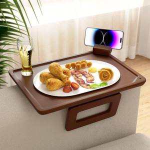 lot 7385 image: Smatdecis Couch Arm Tray Table Sofa Arm Clip, Armrest Tray Table Suitable for Home DrinksFast FoodFruit Etc, Large Size Multi-Function Brown(360° Rotating Stand B)