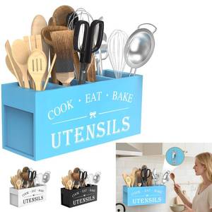 lot 7387 image: Youlvy Extra Large Utensil Holder for Kitchen Counter, Blue Kitchen Utensil Holder for Countertop, Wooden Utensil Organizer for Countertop, Farmhouse Utensils Holder for Silverware Fork Spoon Spatula