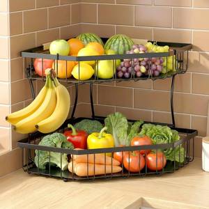 lot 7391 image: Tequie 2 Tier Fruit Basket for Kitchen Counter - Detachable Metal Fruit Bowl with 2 Banana Hangers for Corner , Large Capacity Fruit Stand with Wooden Handle for Fruit Bread Veggies Storage