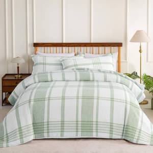 lot 7396 image: Sophia & William Cotton Comforter Cover Set Twin Size, Waffle Weave White Duvet Cover Set 2 Piece, White  Green